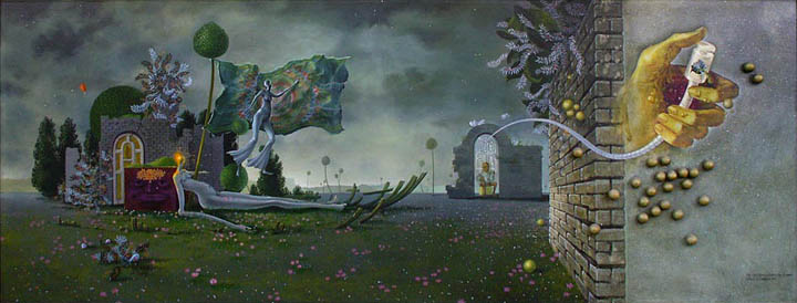 Fine Measures in a Golden Fist - Oil on board 30 x 78 inches 1971 Private Collection